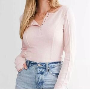 Free People Sloane Long Sleeve Bodysuit Women's XS Pink Nectar Henley Neckline
